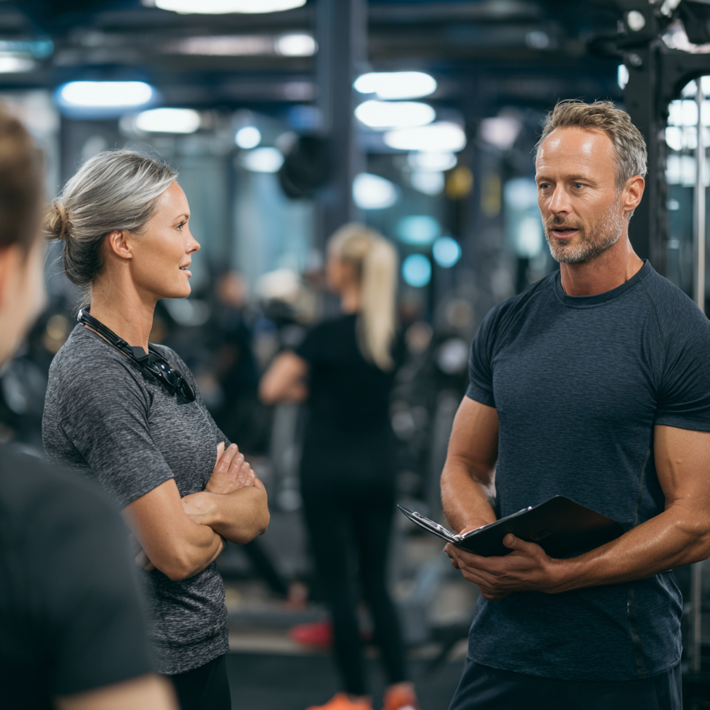 experienced fitness trainers working with middle-aged clients in professional gym environment