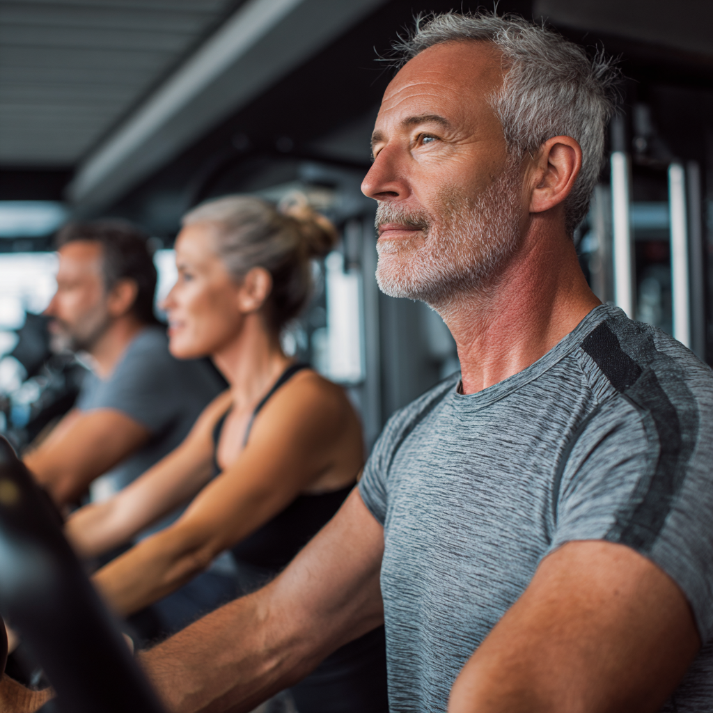 mature adults exercising in modern fitness facility with professional equipment